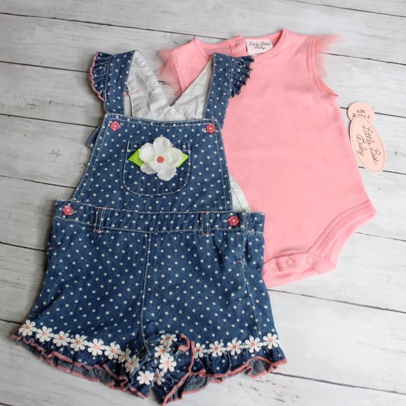 Little Lass Baby Girl Denim Blue Bib Overall Shorts Top Set Size 12 Mo - Picture 2 of 4